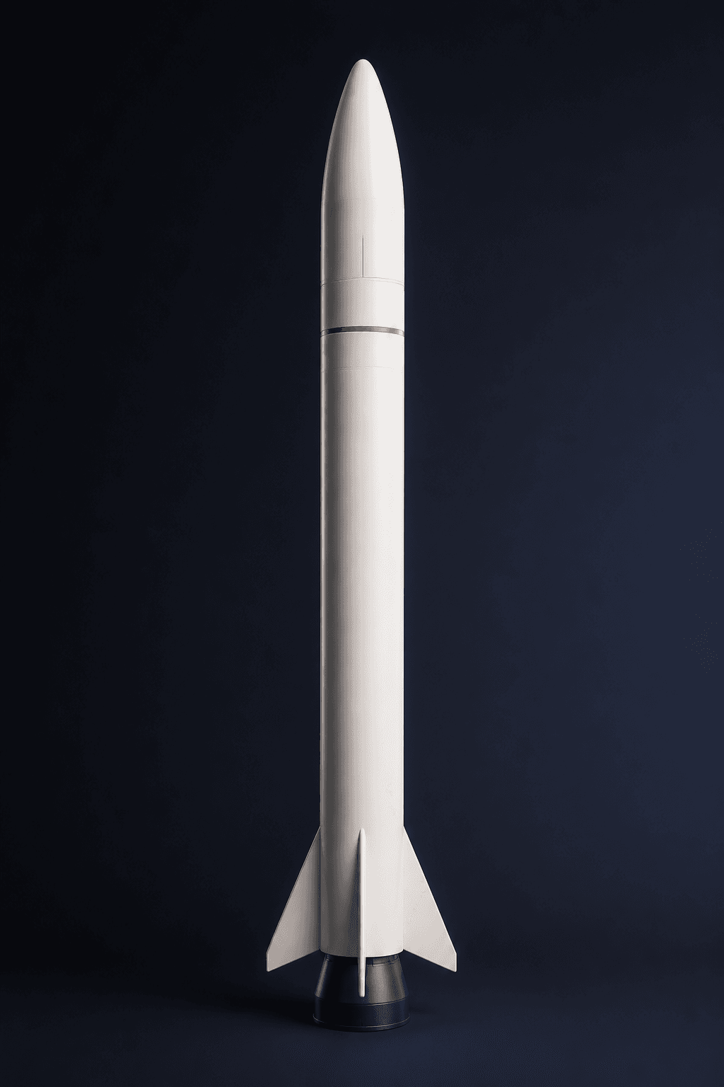 Exterior concept of the slender white Nicolaus 1 against a star field, with four fins at its base.