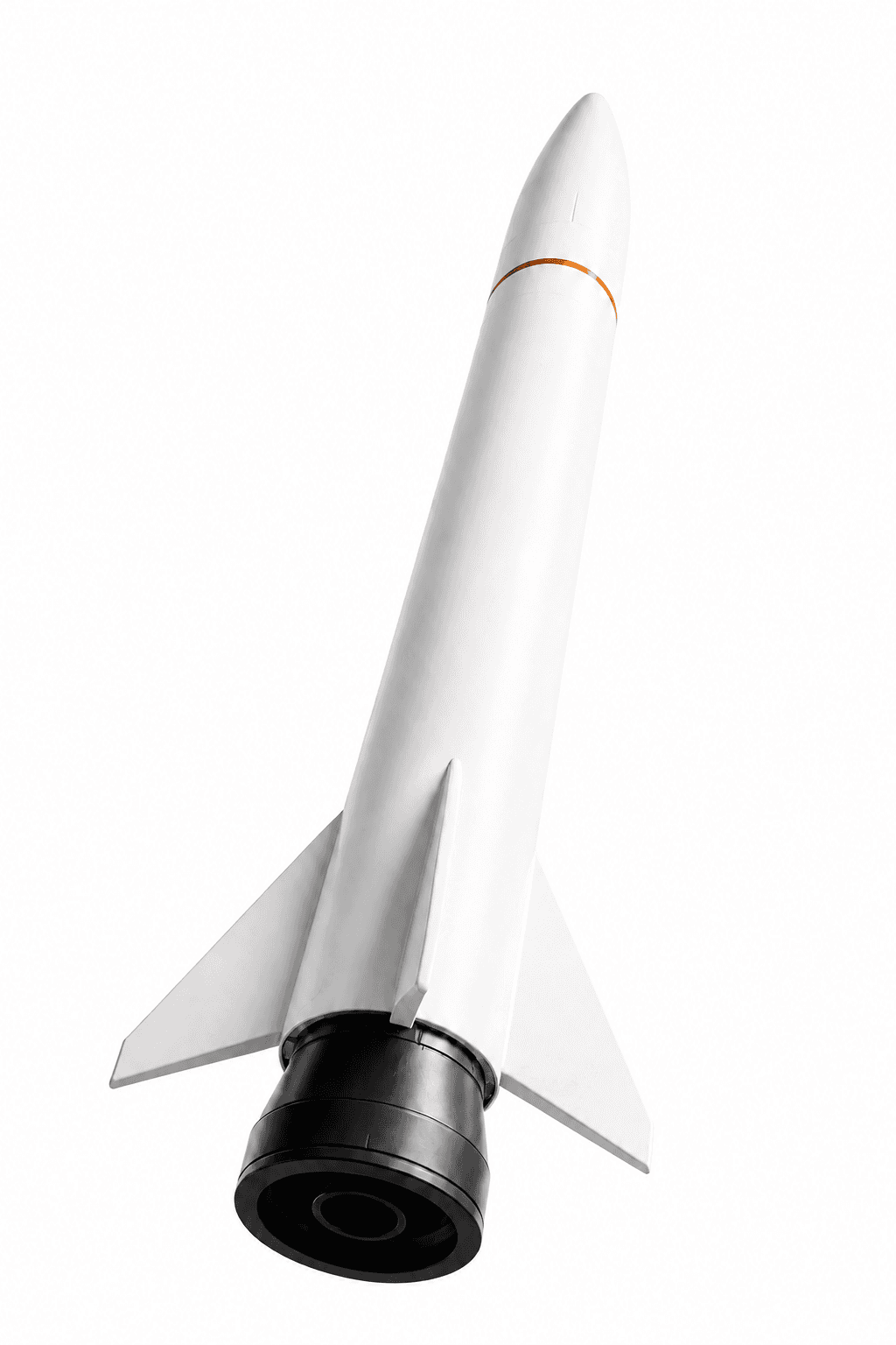 Underside concept view of Nicolaus 1 in a bright studio, with one central engine and four fins in a cross arrangement.