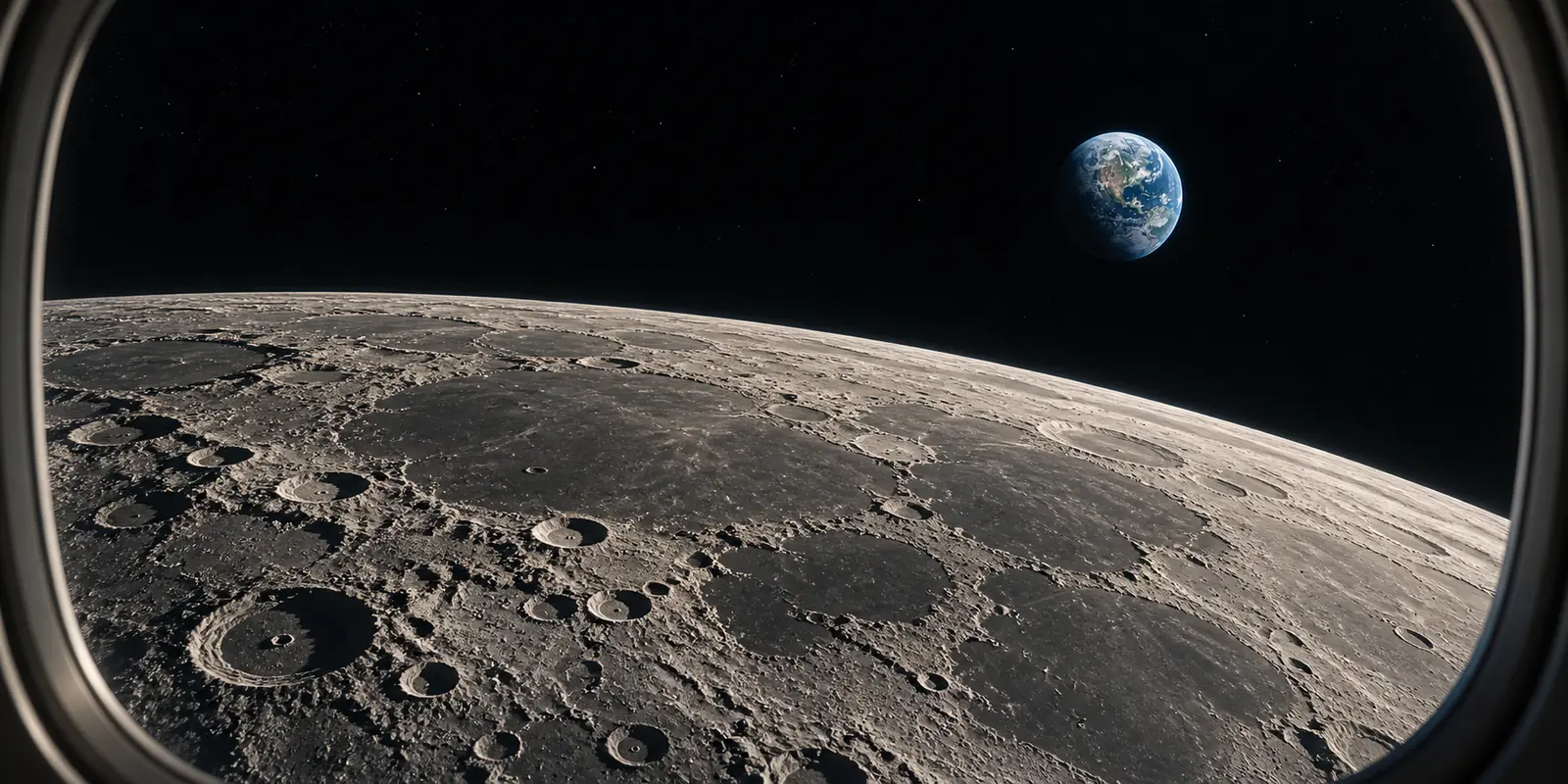 A fictional future lunar-orbit view through a spacecraft window, with the curved Moon below and a distant blue Earth.