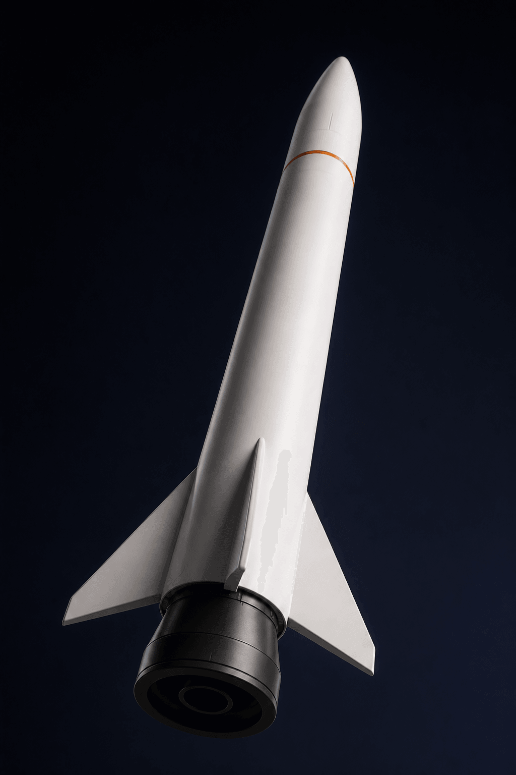 Full exterior CG of Nicolaus 1 viewed from below, including its nose, white body, fins and black underside.