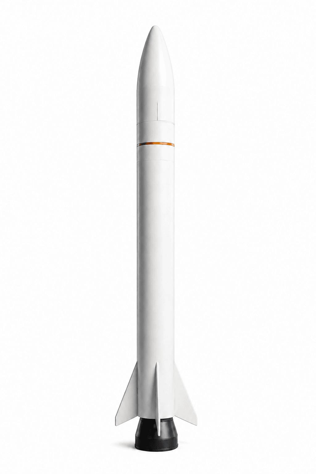 Exterior concept of the slender white Nicolaus 1 in a bright studio setting, with a small orange band on the body and four fins at the base.